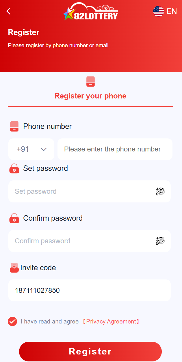 82 Lottery registration screen showing phone number, password, confirm password and invitation code fields