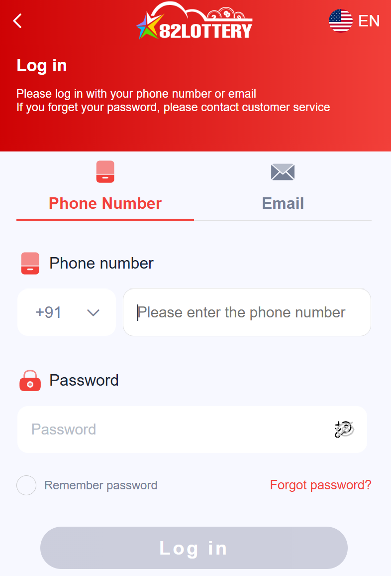 82 Lottery login screen with phone number and email tabs, password field, remember password and forgot password option
